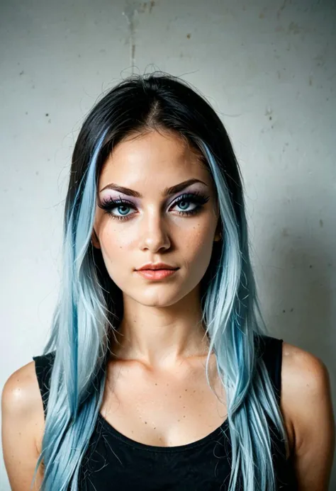 epiCPhotoGasm-colorfulPhoto, score_9, score_8_up, score_7_up, score_6_up, score_5_up, score_4_up, raw, photo, realistic, 1girl, andrea, 1girl, makeup, eyeshadow, freckles, light blue hair, long hair, multicolored hair, gothicstyle, (fully clothed), very lo...