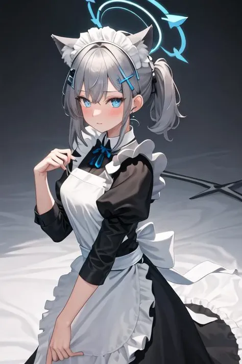 best quality, masterpiece, highres, solo, {maid:1.40}, {long maid dress:1.15}, {shiroko_bluearchive:1.15}, animal_ears, animal_ear_fluff, bangs, blue_eyes, grey_hair, hair_ornament, halo, cross_hair_ornament, mismatched_pupils, extra_ears, medium_hair, blu...