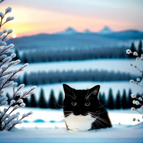 1 cat, only one cat, ((solo)), (((portrait))), ((close up)), lying on the snow, winter nature, ice forest, mountains on background, snowing, (crystalized blue flowers) around, ((blue ice roses everywhere:1)), winter fantasy flower field, front, looking at ...