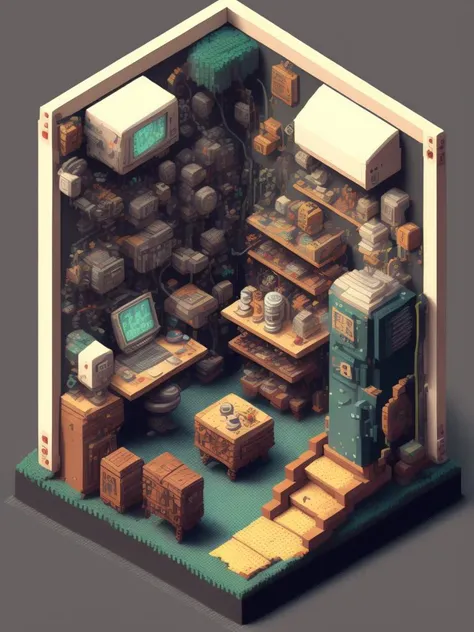 <lora:isometriccutaway:1>isometric clean pixel art image cutaway of the inside of bender from futurama, style of tekkonkinkreet