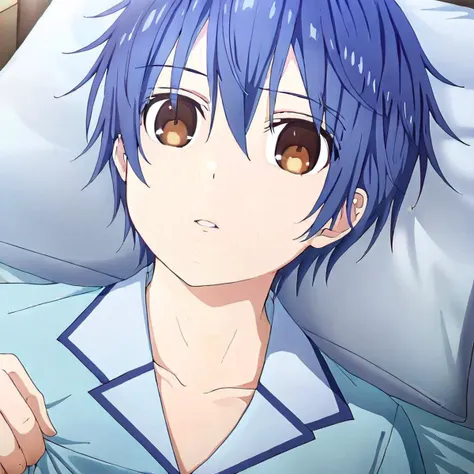 anime image of a man in a blue shirt laying in bed