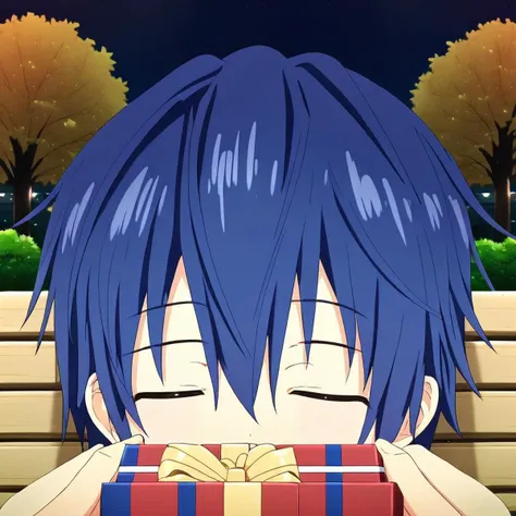 anime boy with blue hair holding a present in front of his face