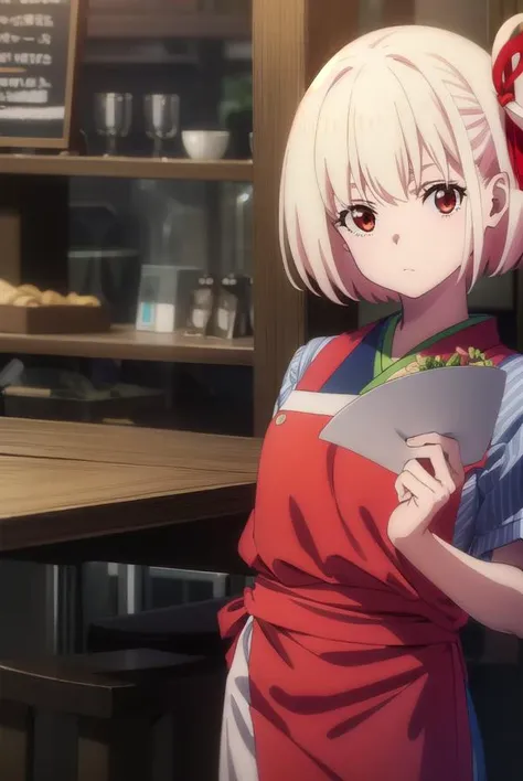 chisatonishikigi, <lora:chisatonishikigis1-lora-nochekaiser:1>, 
chisato nishikigi, short hair, bangs, blonde hair, (red eyes:1.5), hair ribbon, one side up, bob cut,
BREAK japanese clothes, kimono, apron, red ribbon, waitress, red kimono,
BREAK indoors, c...