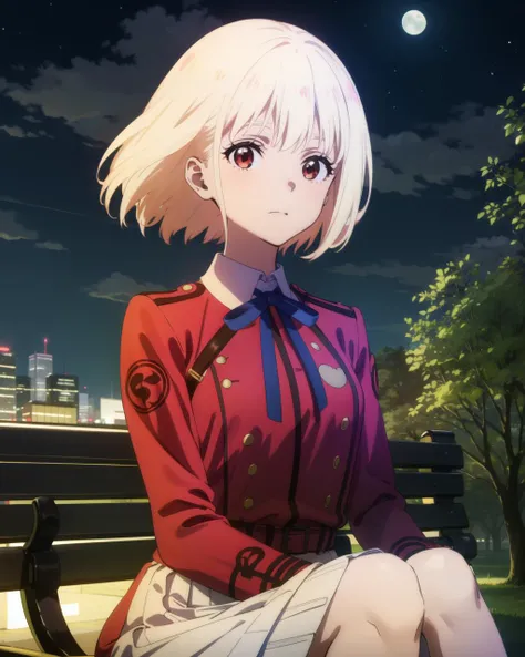 masterpiece, high quality, 1girl, outdoors, park, night, bench, sitting, tree, sky, moon, stars, clouds, <lora:chisatonishikigis1-lora-nochekaiser:1>, shirt, long sleeves, dress, ribbon, white shirt, collared shirt, belt, neck ribbon, red dress with grey s...