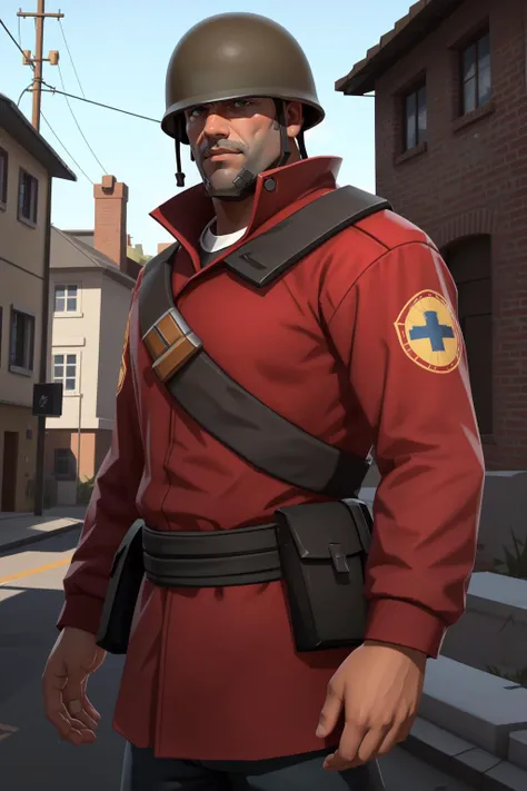 a man in a red uniform standing in a street