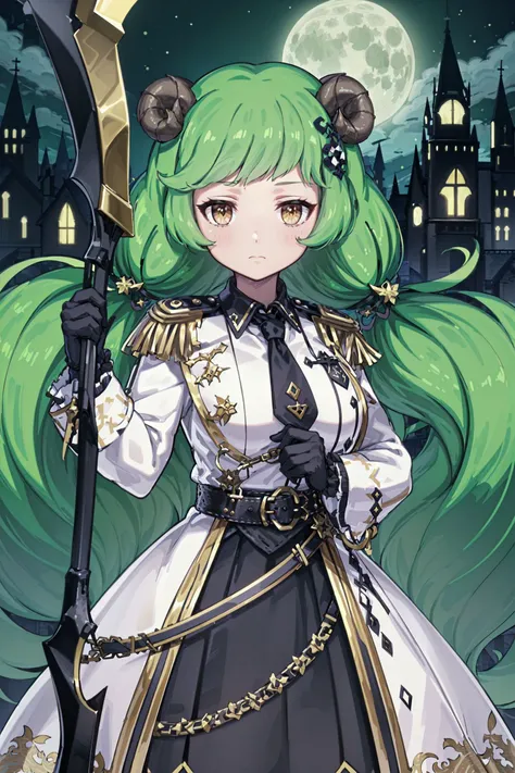 a woman with green hair and a sword in front of a castle