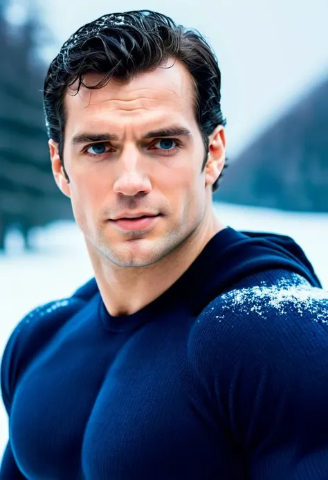 a close up of a man in a blue shirt standing in the snow