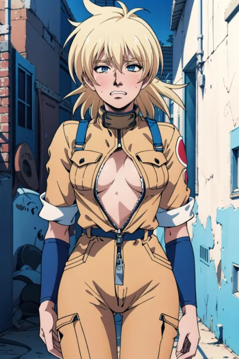 masterpiece, best quality,   serasVictoria, <lora:alucardserasintegra:0.8>, YaranaikaFace, blush, alleyway, blue_jumpsuit, partially unzipped, shirtless, undressing, <lora:Yaranaika:0.8>