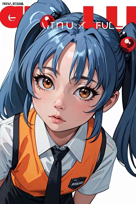 (masterpiece, best quality;1.3), extremely detailed picture,8k cg, ultra detailed, 1girl,magazine cover,  LOOKING AT VIEWER, gold eyes,
hoshino ruri, twintails, hair bobbles, collared shirt, black necktie, orange vest, pencil skirt, <lora:Magazine:0.65> fa...