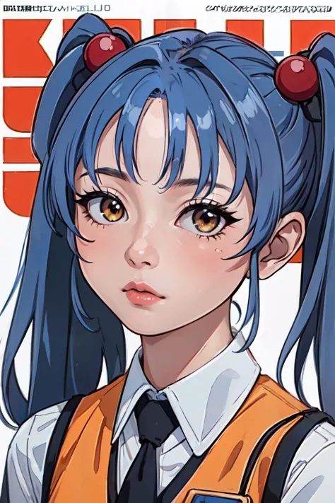 (masterpiece, best quality;1.3), extremely detailed picture,8k cg, ultra detailed, 1girl,magazine cover,  LOOKING AT VIEWER, gold eyes, lite blue hair,
hoshino ruri, twintails, hair bobbles, collared shirt, black necktie, orange vest,  <lora:Magazine:0.65>...