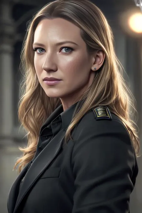 AnnaTorv,as a detective , modelshoot style, (extremely detailed CG unity 8k wallpaper), Intricate, High Detail, Sharp focus, dramatic,photorealistic painting art by midjourney and greg rutkowski ,  ((police station)), ((wearing a black suit)), ((paparazzi ...