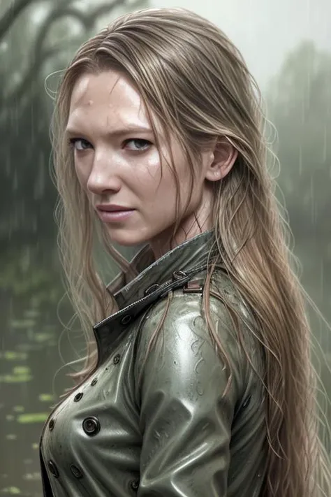 annaTorv outside in the rain, soaking wet, dank swamp, (detailed facial features:1.15), very long flowing hair, Unreal Engine 5, 8K, HQ, HDR, amazing detail, intricate details, shallow depth of field, reflections, art by artgerm and greg rutkowski, <lora:A...