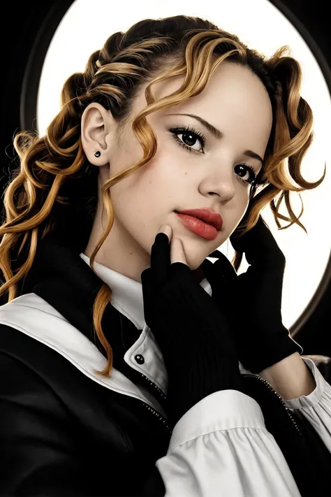 (shot from a Dutch angle, closeup on face:1.2) photo of photo of <lora:HalstonSage_v1:1> HalstonSage, she is wearing fruit pattern raincoat , she is wearing fingerless gloves, her hair is styled as Curly Mohawk, BREAK she is (in the study:1.1), silhouetted...