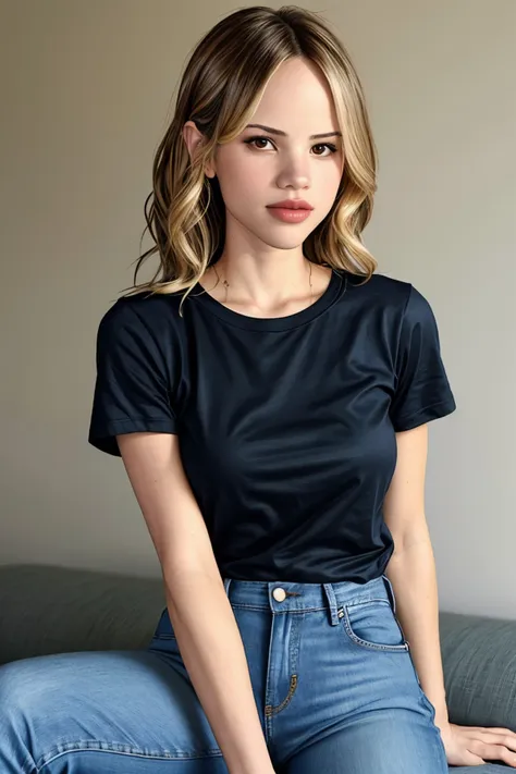 a close up of a woman sitting on a couch wearing a black shirt