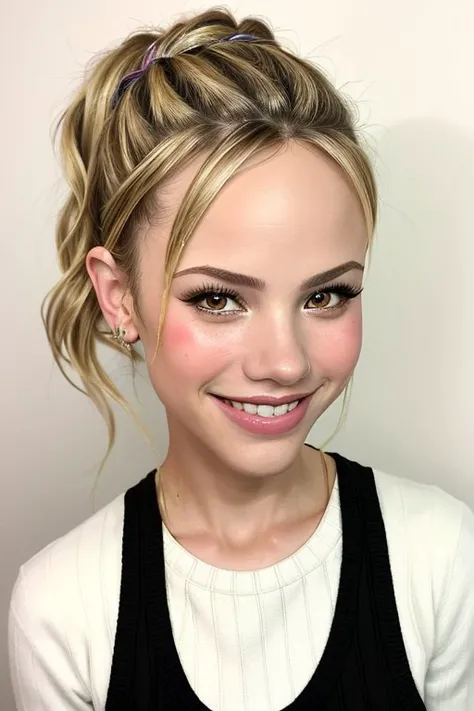 chalk art style, textured, vibrant, hand-drawn, detailed BREAK <lora:HalstonSage_v1.0:1> HalstonSage big smile, focus on eyes, close up on face, bone color hair styled French braid ponytail