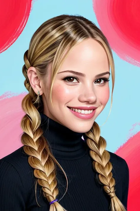 gouache painting, vibrant, opaque, texture, highly detailed BREAK headshot photo of <lora:HalstonSage_v1.0:1> HalstonSage big smile, focus on smiling face, wearing a turtleneck , her hair is styled as fishtail halo braid,