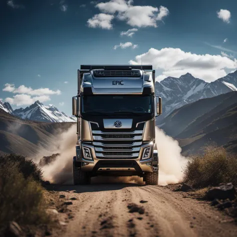 a close up of a truck driving on a dirt road