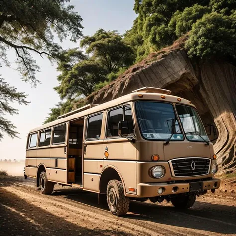 arafed bus driving down a dirt road next to a tree