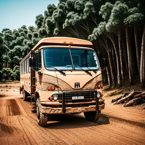 there is a bus that is driving down a dirt road