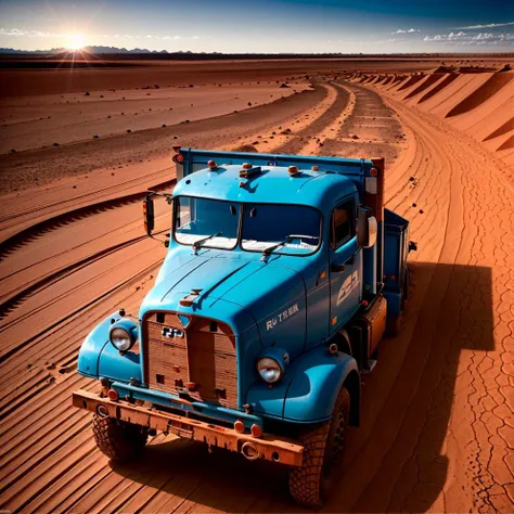 there is a blue truck driving through the desert on a sunny day