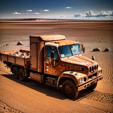 there is a rusted truck parked in the desert with rocks