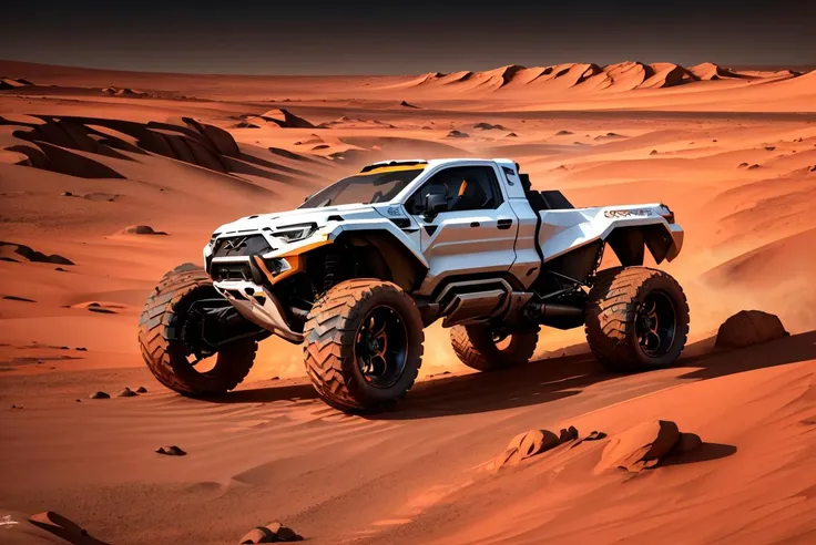 arafed truck driving through a desert with a lot of sand