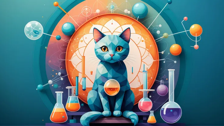 <lora:chahua:0.9>, ch, chemical lab  in big scientific abstract mandala, (abstract:2), soft colors, small cat, small girl scientist