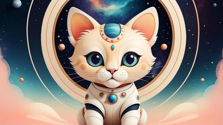 <lora:chahua:0.9>, ch, big cat in spacesuit inside space abstract mandala, (abstract:2), soft colors, stars, planets, Saturn