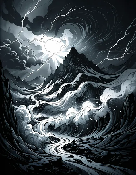 zavy-fltlnpnt, lineart, cel-shaded graphics, landscape of a luskan, it is vile, stormy weather, masterpiece, lonely, light and s...