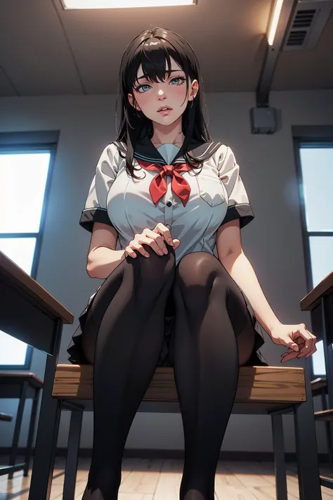 from below, full body:1.2, feet focus.1.4, 1girl, kuudere, black hair, large breast, beautiful, detailed faces, detailed eyes, sailor school uniform, pantyhose, sitting in the class, (mater piece, best quality, 8K, UHD, extreme detailed description, profes...