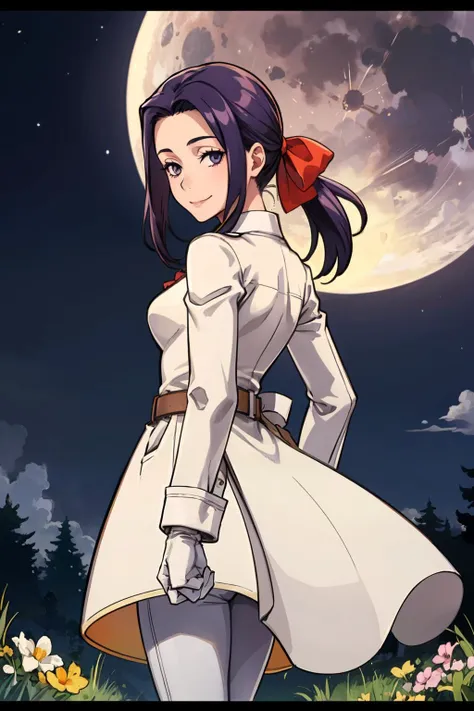 best quality, masterpiece, 1girl, solo, a cool picture of maridesu, dark purple hair, ponytail, light black eyes, hair bow, (white:1.2) trench coat, sleeves rolled up, white pants, (white belt:1.2), white gloves, clenched fists, from behind, smile, looking...