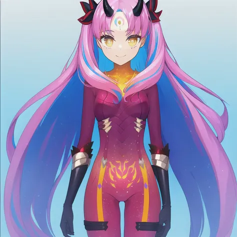 1girl, <lora:ishspa v1:1>, bangs, blue_hair, bodysuit, crescent, crescent_facial_mark, facial_mark, forehead_mark, gradient, gra...