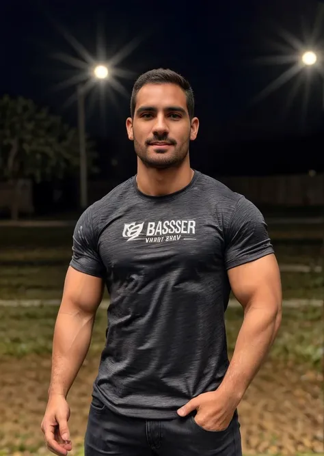 masterpiece, 1man, murilo badessa  <lora:Murilo Badessa:0.6>, standing, reporter, reporting, live tv, t-shirt, jeans, middle of a city, holding a microphone, deep skin, masculine, muscular, veins, strong body, bodybuilder, 8k UHD, high definition, soft lig...