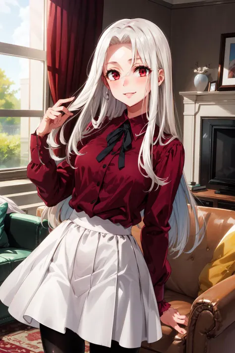 masterpiece,best quality,1girl,mature female,Irisviel von Einzbern,long hair,red shirt,dress shirt,white skirt,pantyhose,motherly,smile,standing,dignified,living room,<lora:IrisvielLORA:0.9>,