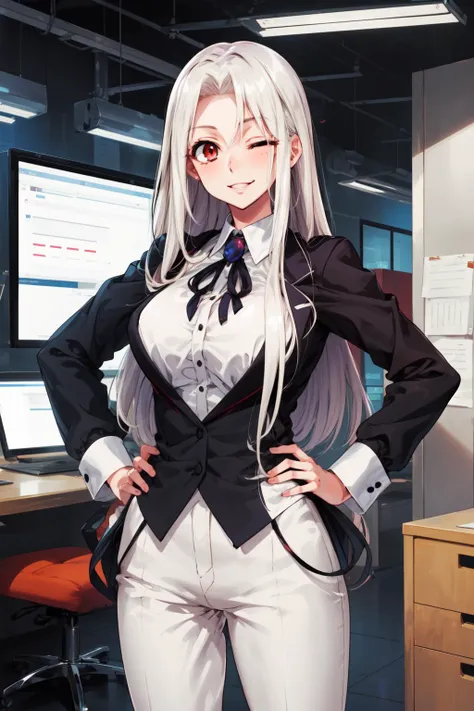 masterpiece,best quality,1girl,mature female,Irisviel von Einzbern,long hair,large breasts,business suit,smile,one eye closed,standing,hands on hips,office,<lora:IrisvielLORA:0.9>,