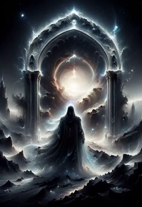 a man standing in front of a giant portal with a light shining