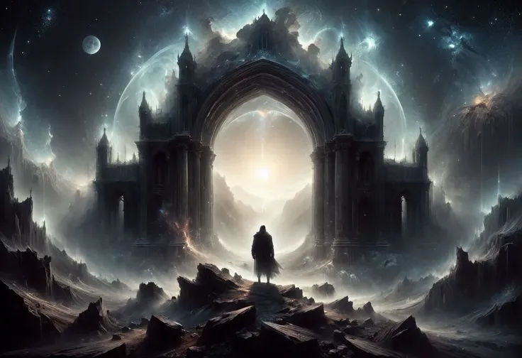 a man standing in front of a castle with a giant portal