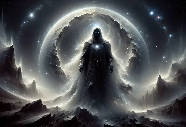 a man standing in front of a giant moon surrounded by stars