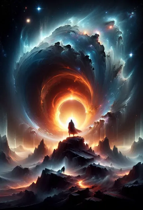 a man standing on a mountain looking at a giant spiral