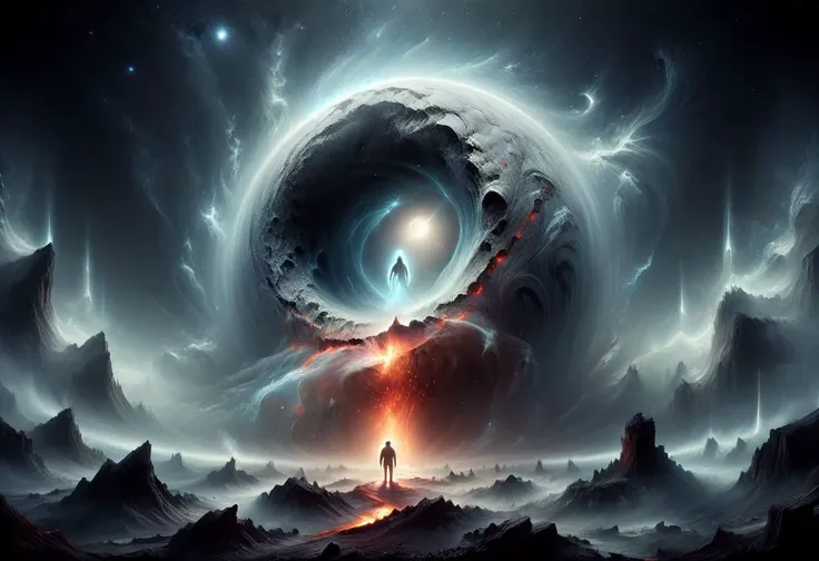 a man standing in front of a giant black hole with a star in the middle