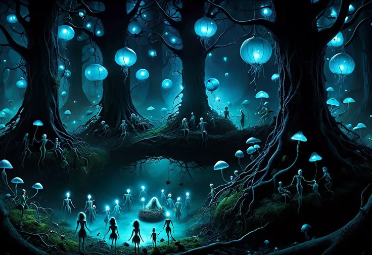 a group of people standing in a forest with glowing mushrooms