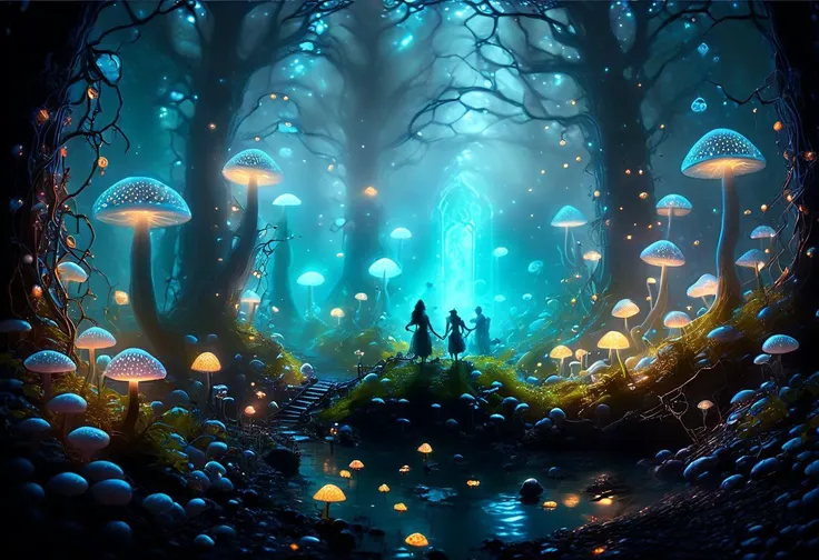 a painting of a couple standing in a forest with mushrooms