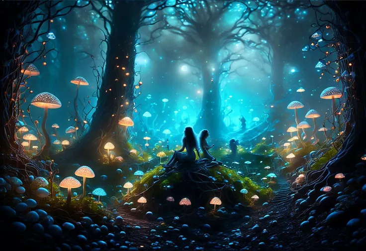 a couple sitting on a rock in a forest with mushrooms