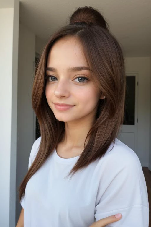 a woman with long brown hair and a white shirt posing for a picture