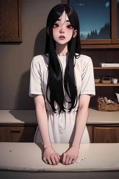 anime girl with long black hair standing in a kitchen