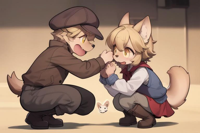 <lora:Mei_Marzipan:0.8>MeiMarzipan, 1girl, 1boy, tail, open mouth, hat, jacket, one knee, brown hair, dress, brown footwear, dog tail, shirt, yellow eyes, pants, boots, looking at another, smile, white shirt, suspenders, wolf boy, dog boy, furry male, own ...