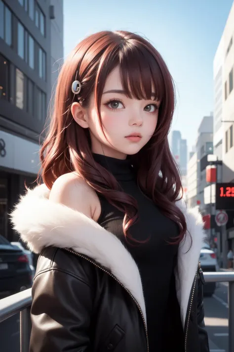 masterpiece, best quality, 1girl, solo, fur jacket, skeptic look, hairpin, looking at viewer, red hair, long wavy hair, futuristic city