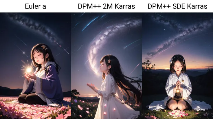 masterpiece, best quality, 1girl, (glowing effect), starry sky, star trail sky, colorful, fantasy, glowing petals, praying