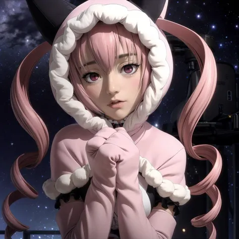 anime girl in pink outfit with hood and gloves on