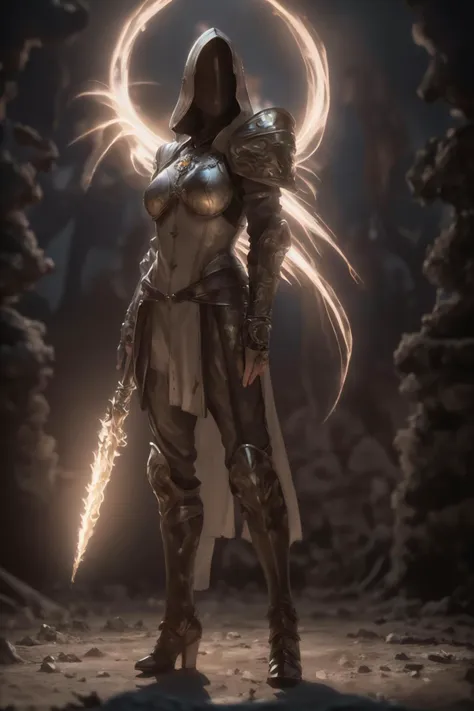 a woman in armor standing in a dark forest with a sword